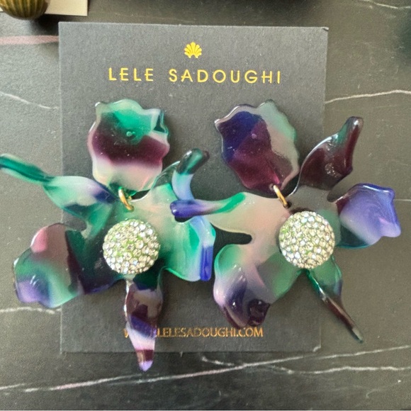 Lele Sadoughi Crystal Lily Green and Purple Floral Earrings - Picture 1 of 3